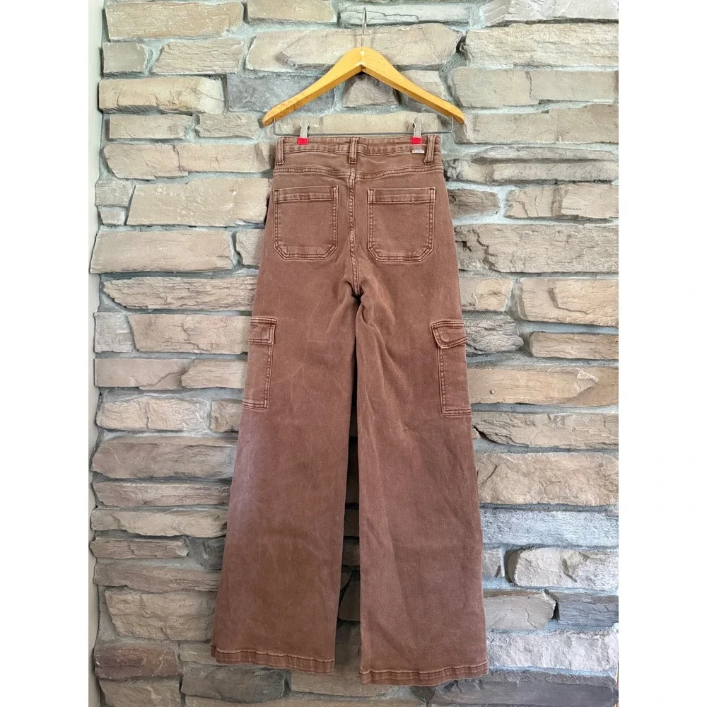 Risen Jeans Brown Wide Leg Cargo Pant High Rise Utility Denim RDP5488 Women 3/26